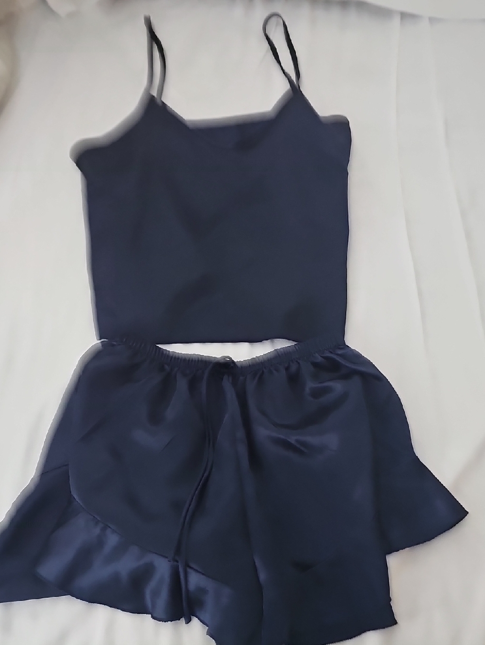 Navy Satin Cami and Ruffle Short Set